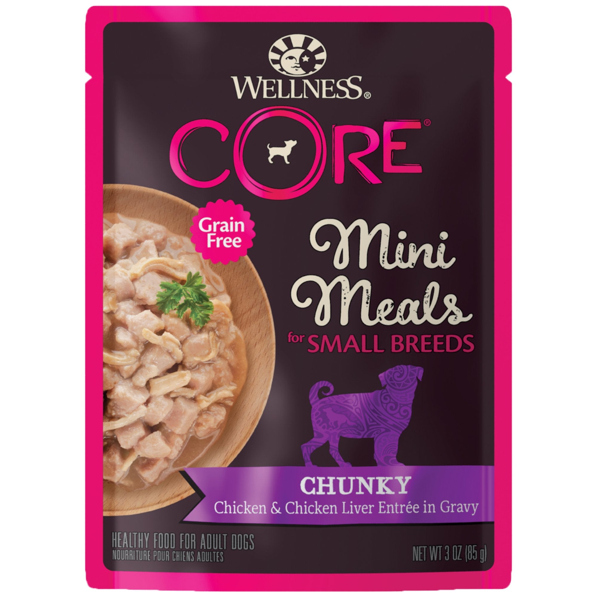Wellness Core emballage sachet individuel, repas pratique sans dégâts pour petit chien.