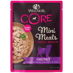 Wellness Core emballage sachet individuel, repas pratique sans dégâts pour petit chien.