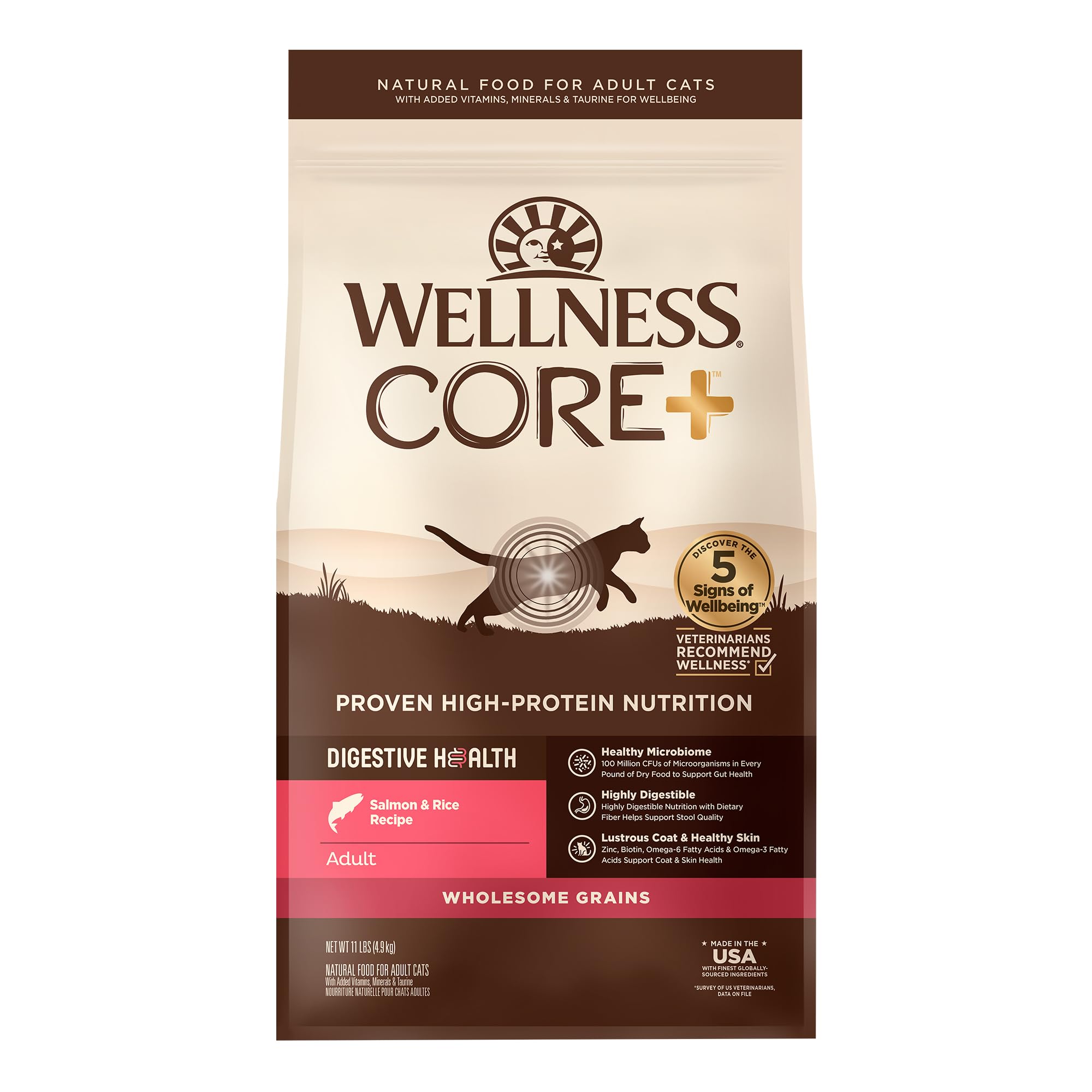 Wellness CORE+ Chat saumon et riz, sac 11 lb, soutien digestif possible.
