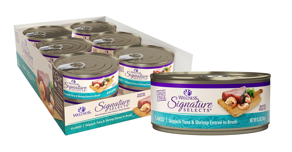 Wellness CORE Signature Selects thon et crevettes en conserve, riche en protéines pour chat actif.