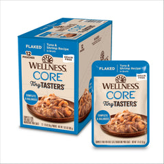 Wellness CORE Tiny Tasters: flocons thon et crevettes pour chat adulte, hydratation naturelle.