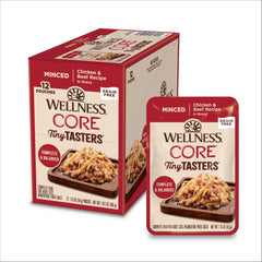 Wellness CORE Tiny Tasters Minced – sachets individuels riches en protéines pour chat adulte.