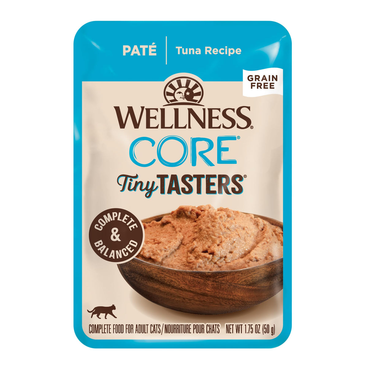 Wellness CORE Tiny Tasters, pâte au thon en sachet, repas pratique et équilibré pour chat.