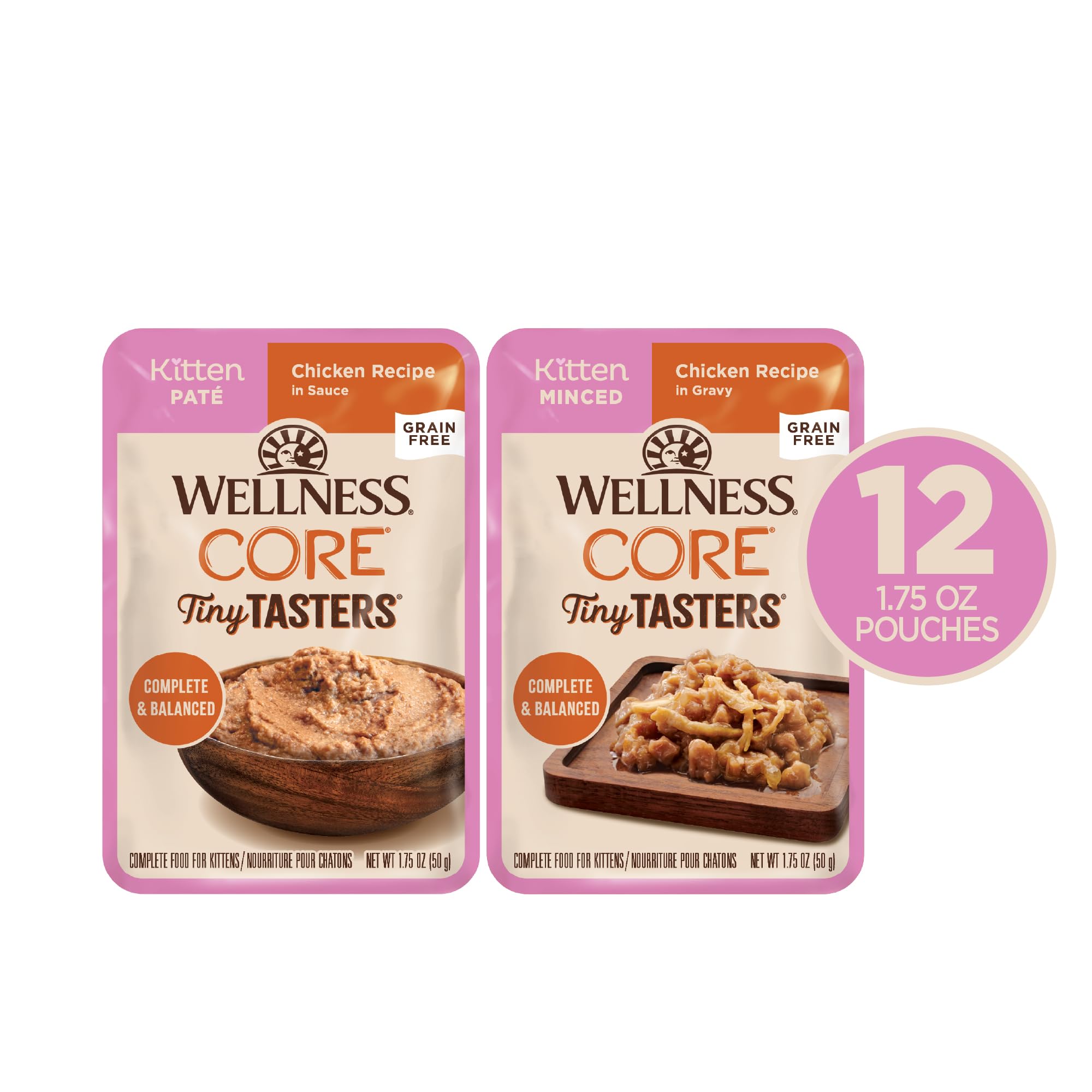 Wellness CORE Tiny Tasters – sachet poulet en pâté, texture soyeuse pour l'hydratation.