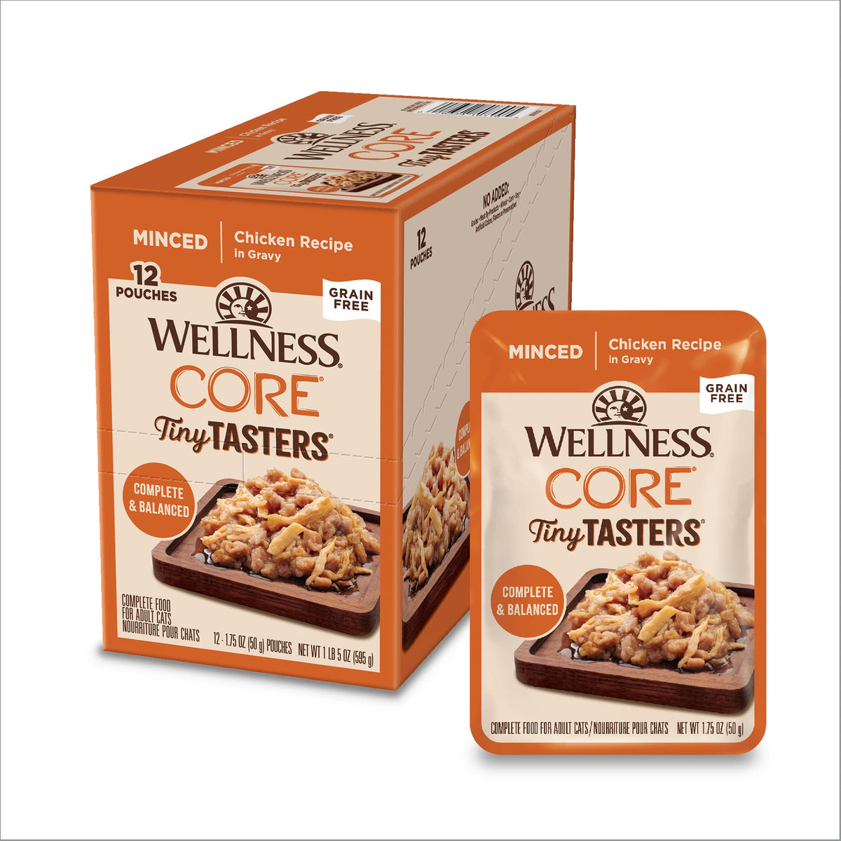 Wellness CORE Tiny Tasters Minced – emballage pratique en sachets pour service rapide du repas.