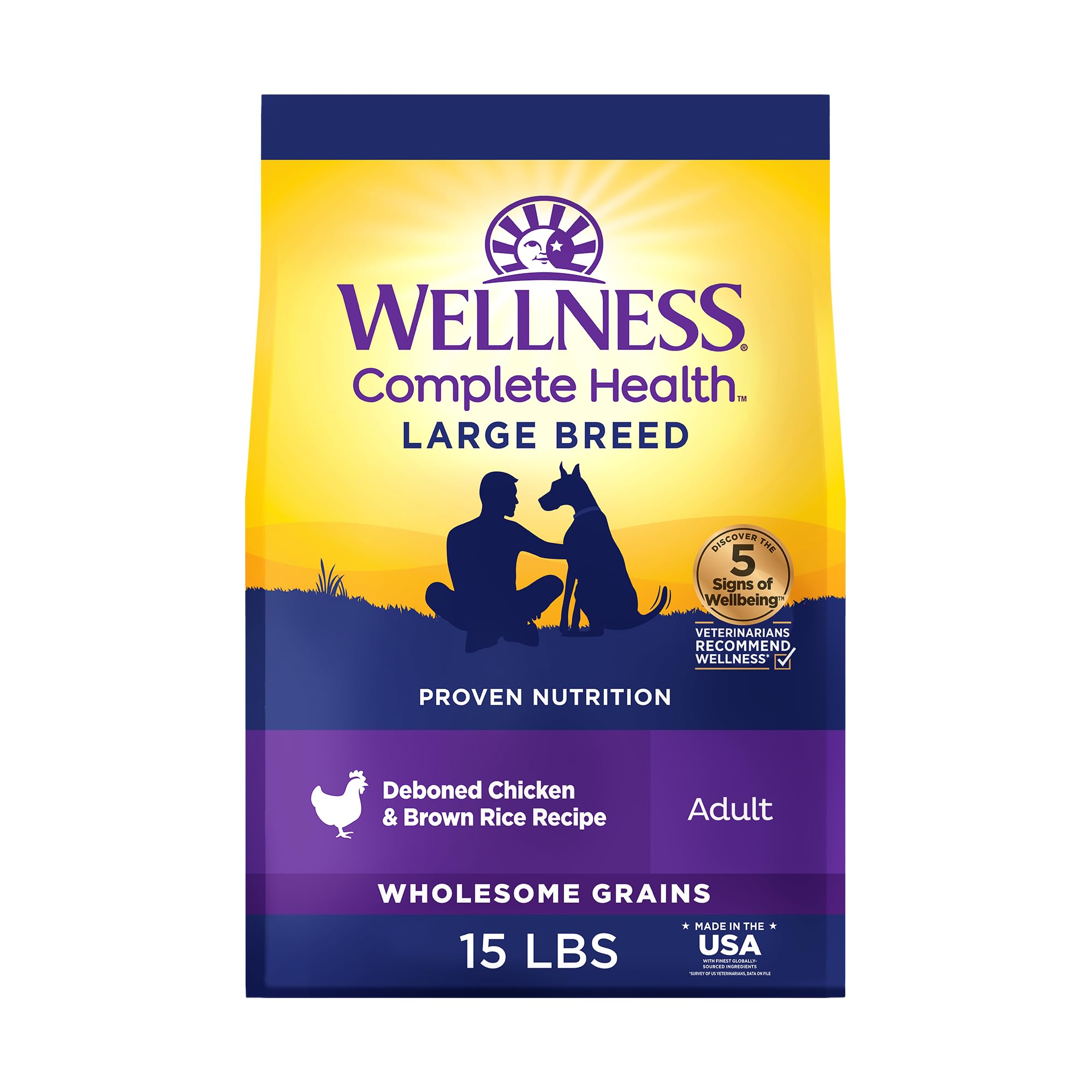 Wellness croquettes grandes races poulet et riz brun, texture croustillante pour chien actif