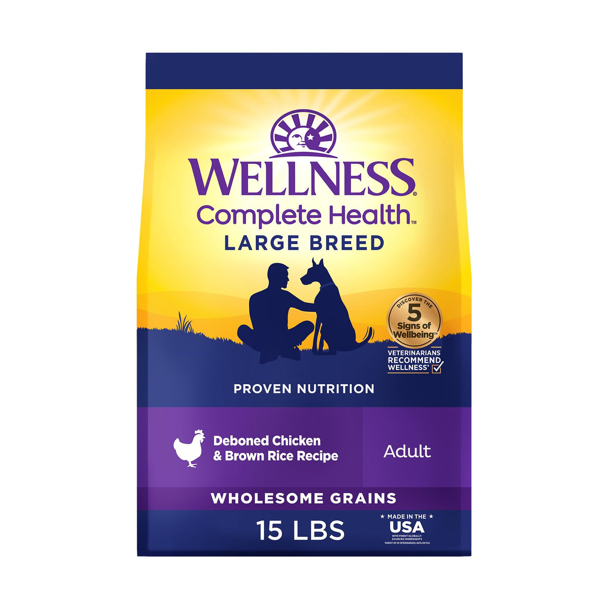 Wellness croquettes grandes races poulet et riz brun, texture croustillante pour chien actif