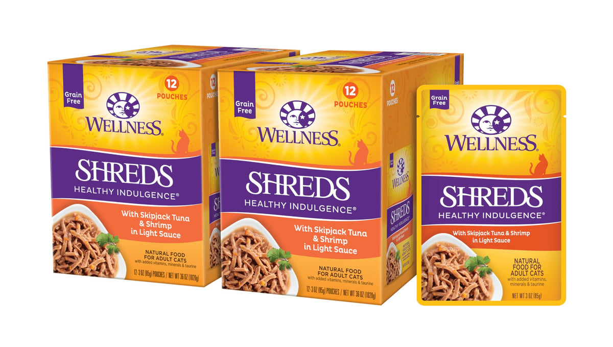 Wellness Healthy Indulgence Shreds thon et crevettes en poche, expérience appétissante.