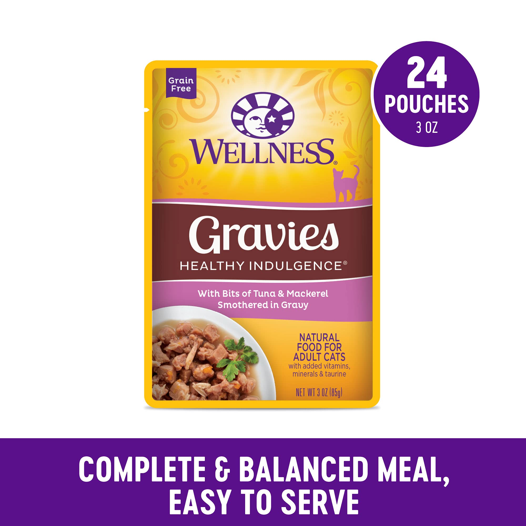 Bienfaits du thon et maquereau dans Wellness Gravies pour chats.