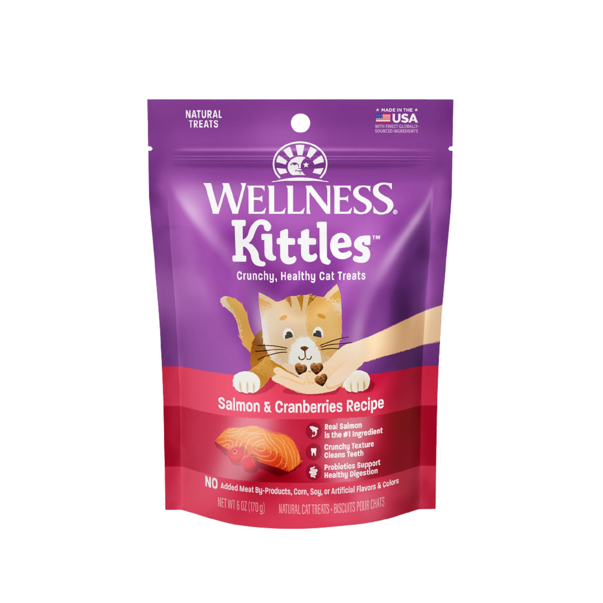 Wellness Kittles croquant saumon: friandise naturelle qui aide à nettoyer les dents.