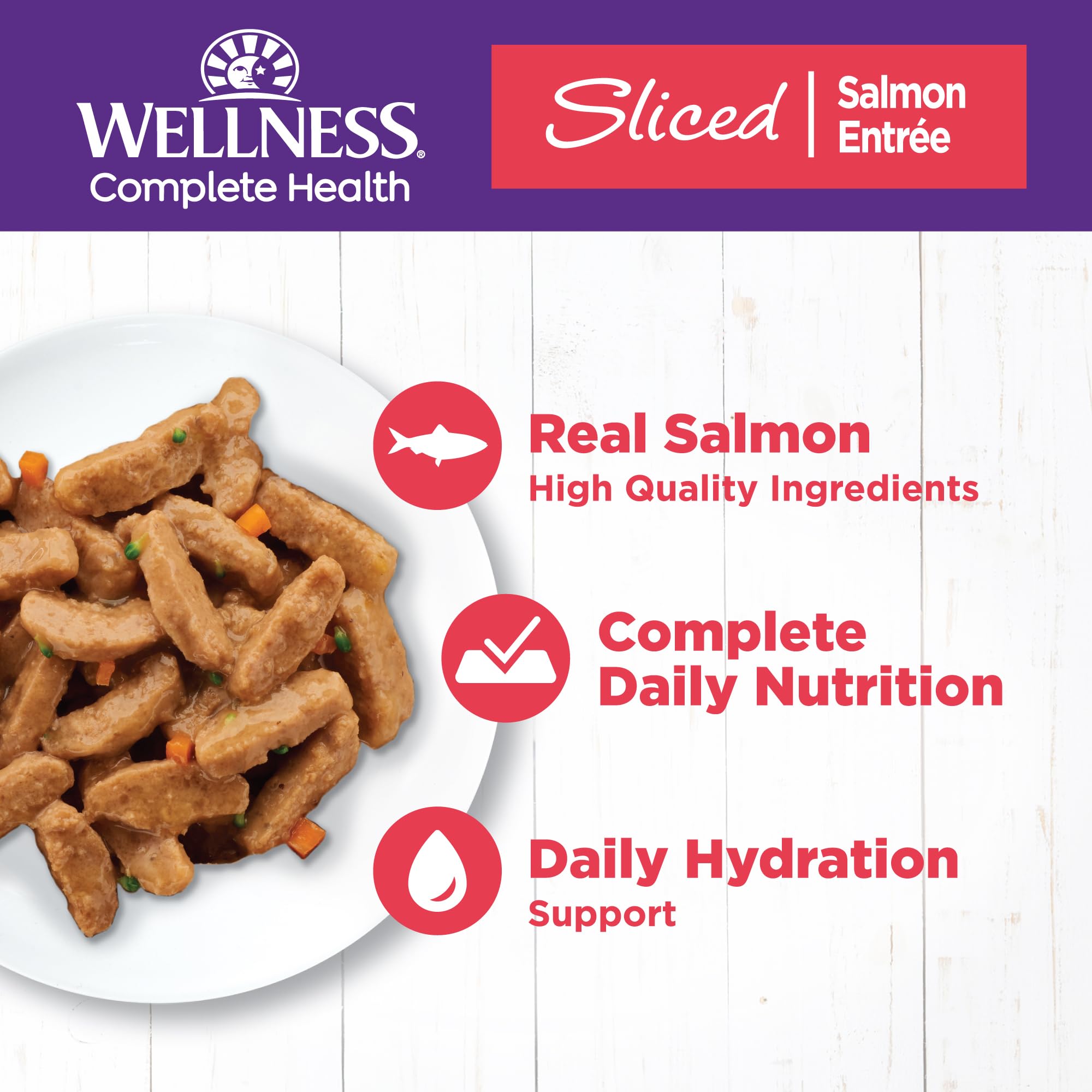 Wellness Saumon Entrée, morceaux protéinés en sauce légère pour chat adulte.