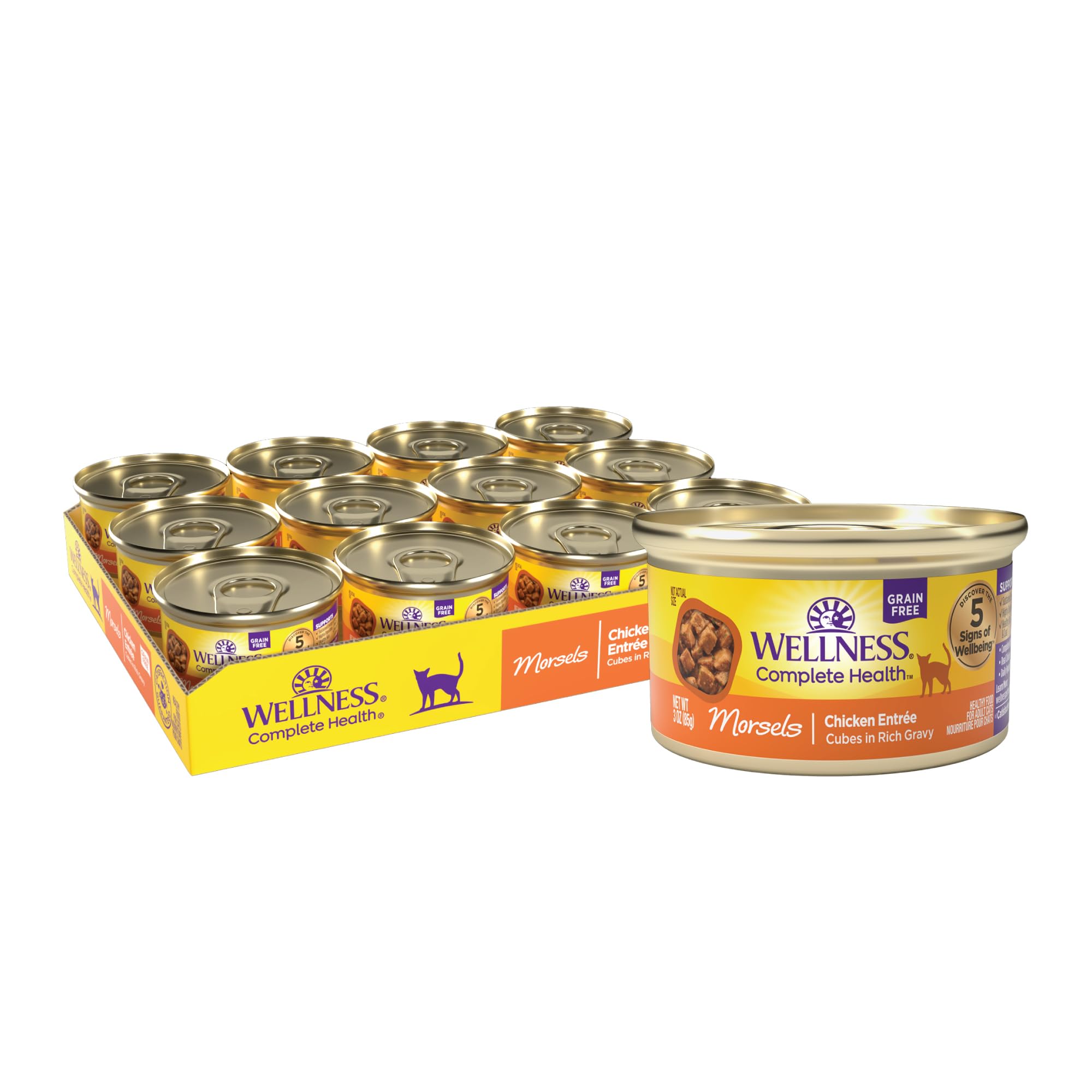 Wellness Morsels Chat: boite de 3oz entrée poulet, repas pratique et appétissant.