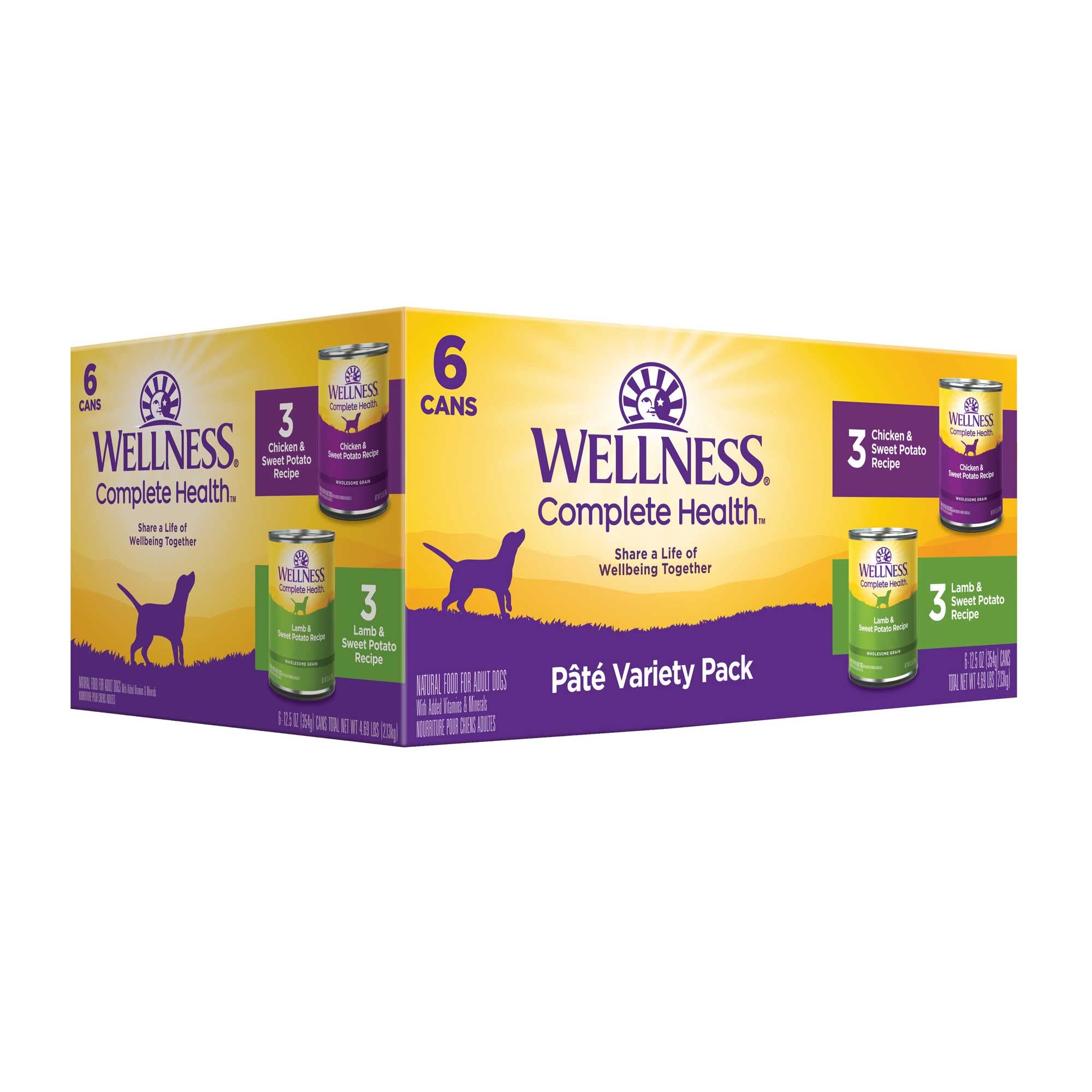 Vue d’ensemble du coffret Wellness, six boîtes de pâté pour chien, facile à servir.