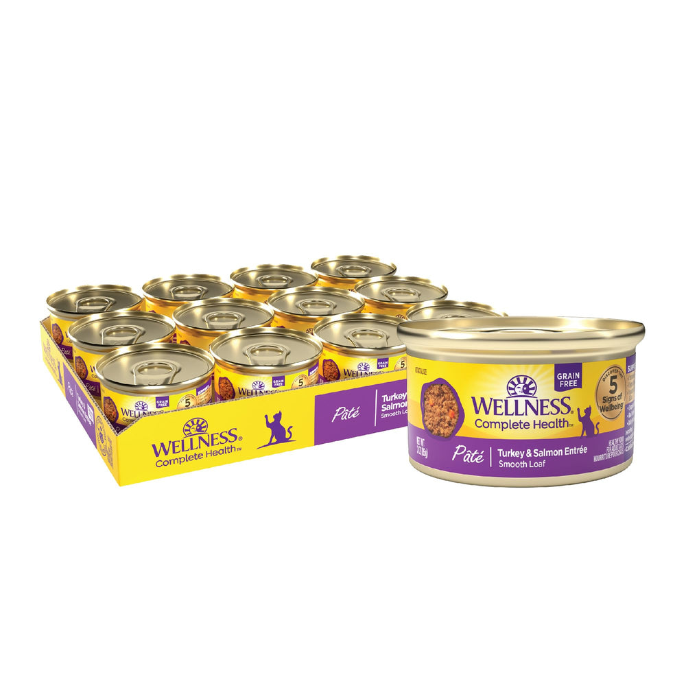 Wellness Pâté Chat Adulte Dinde-Saumon en conserve, riche en protéines.