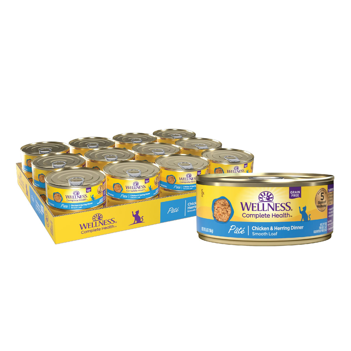 Wellness Pâté chat adulte sans céréales conserve poulet et hareng, protéine et saveur.