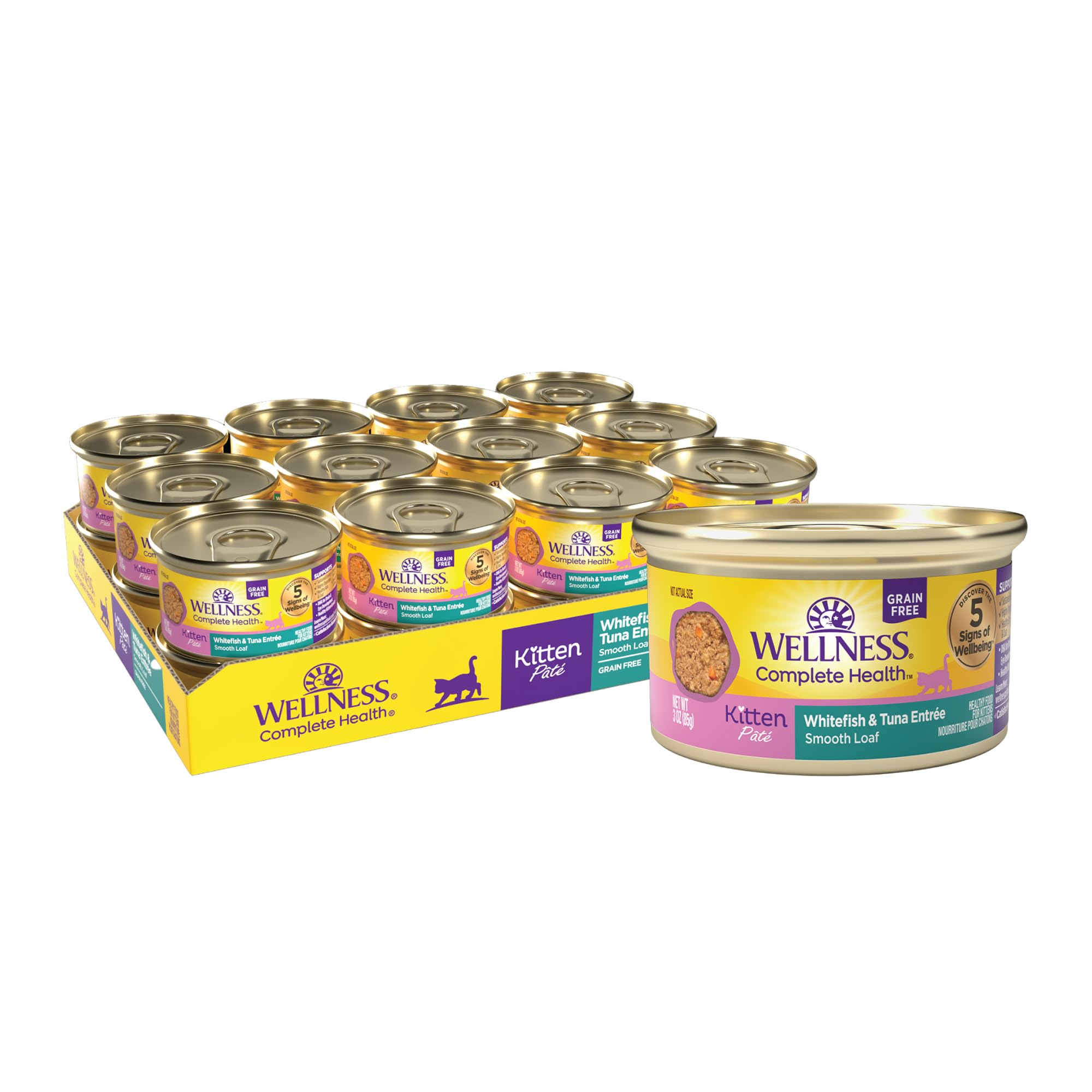 Wellness Pâté Chaton, entrée poisson blanc et thon, texture lisse et appétente.