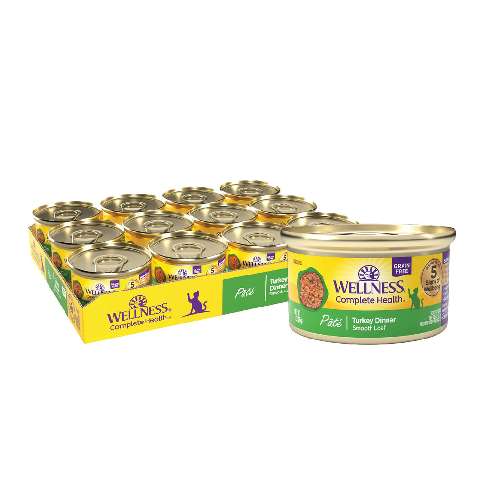 Wellness Pâté Dinde pour Chats Adultes, boîte 3 oz, première protéine.