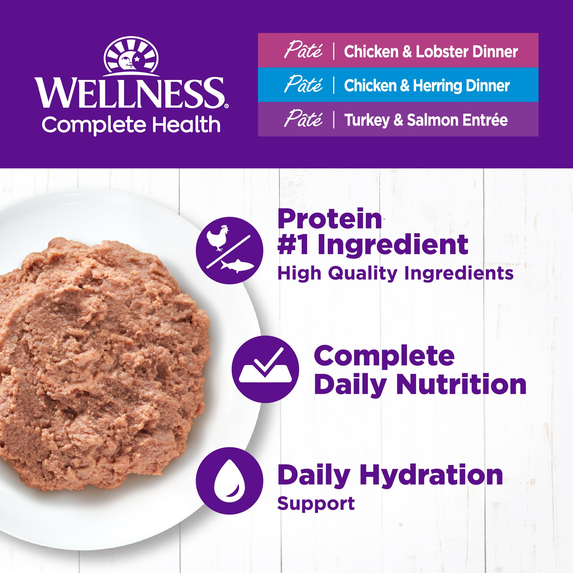 Wellness Pâte Poulet Hareng, boîte 3 oz, apport protéines et saveurs marines.