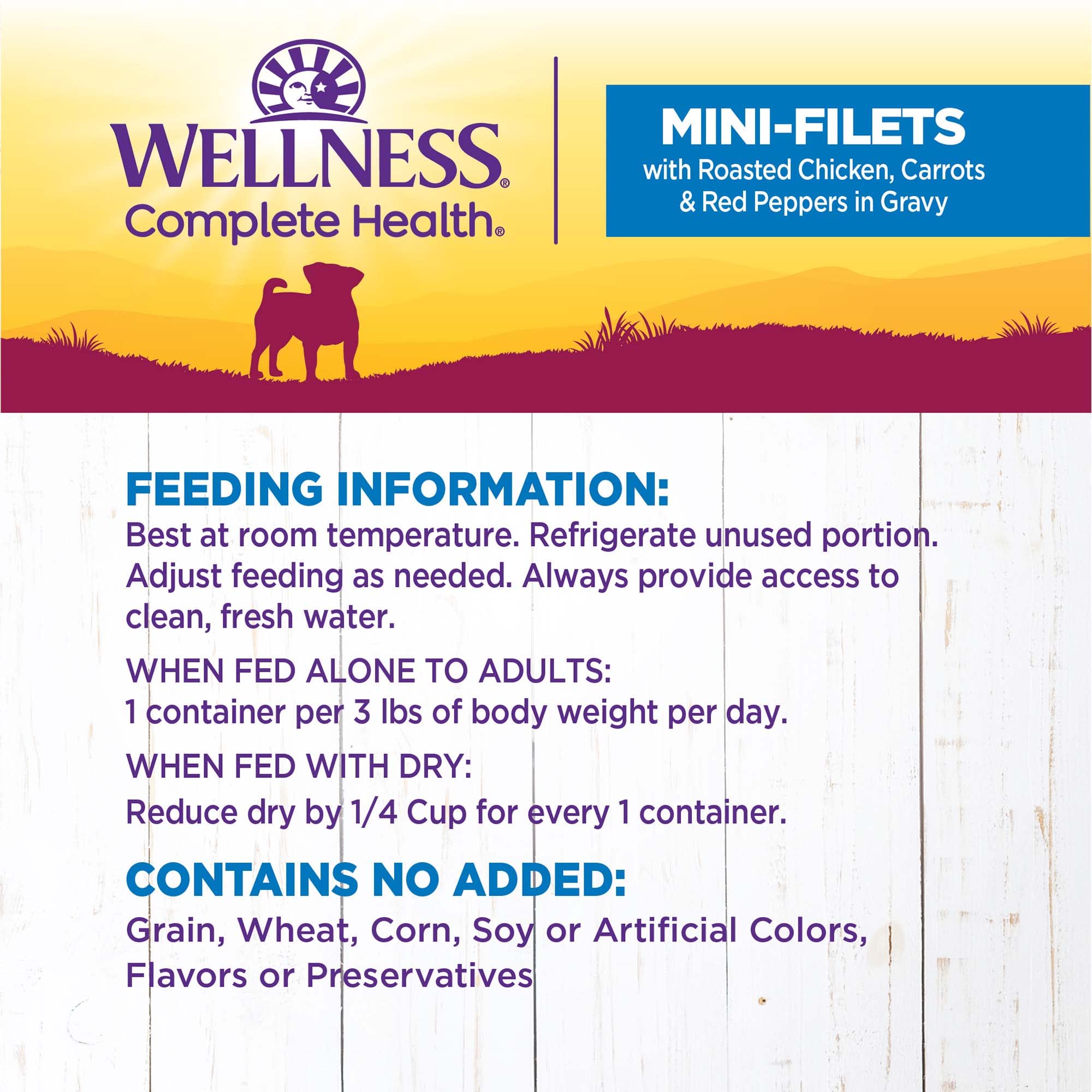 Wellness Petite Entrees: emballage pratique et ouverture facile, service rapide pour petits chiens.