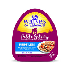 Wellness Petite Entrees: filets poulet-carottes-poivrons dans gravy, repas appétissant pour petit chien.