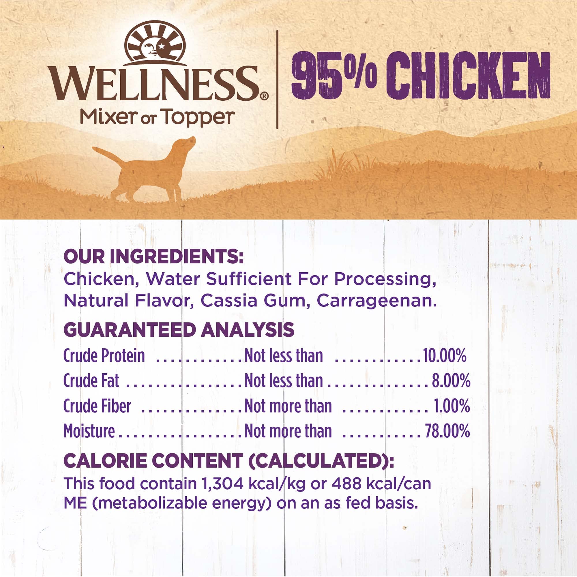 Chien heureux dégustant Wellness 95% Poulet, option pratique et protéinée.