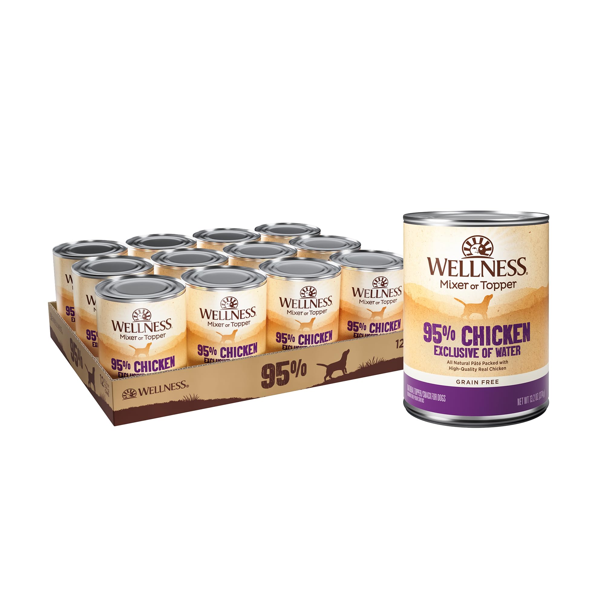 Wellness 95% Poulet pâté humide en conserve: texture lisse et appétissante pour chien.