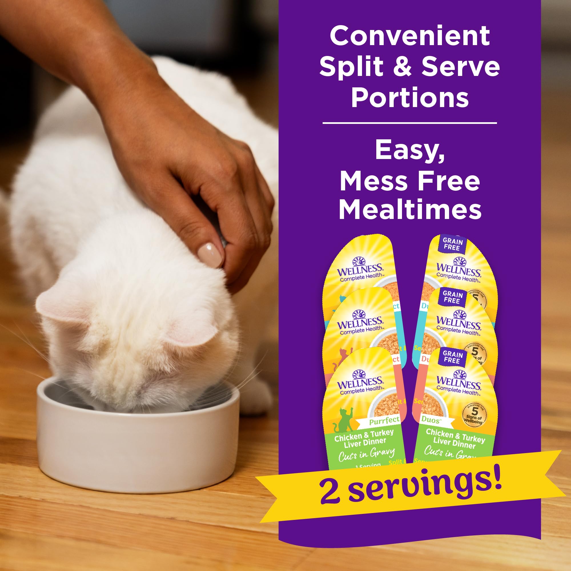Wellness Purrfect Duos assortiment variété pour chats adultes, facilité d’organisation des repas.