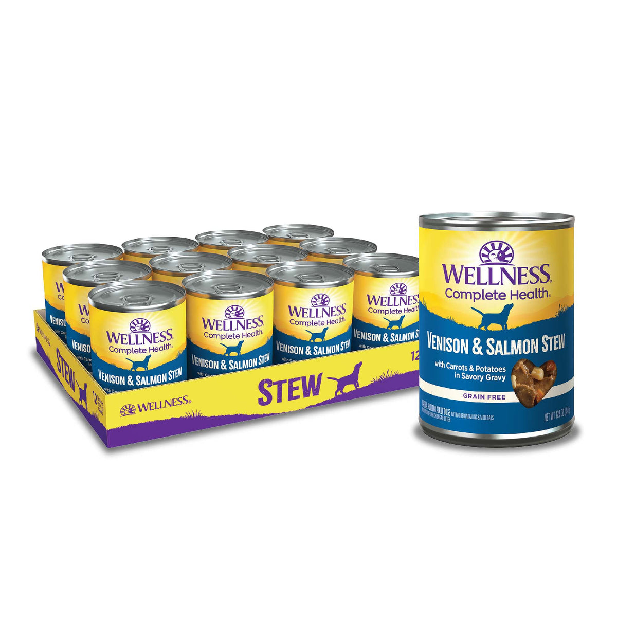 Wellness ragoût venaison saumon en conserve, texture copieuse et appétente pour chien.