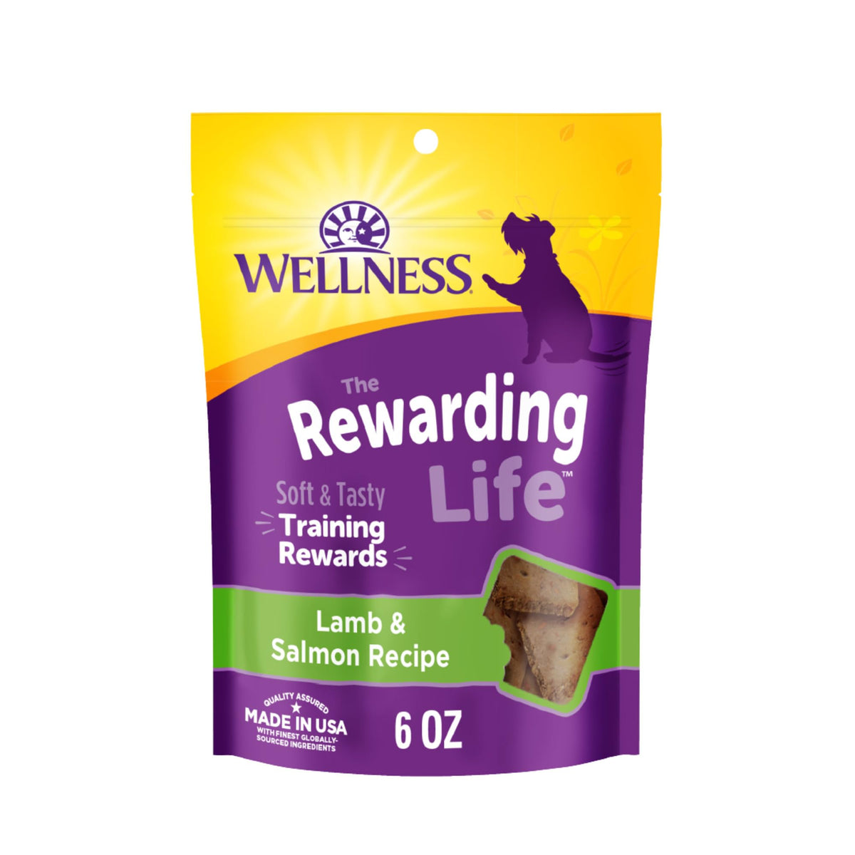 Wellness Rewarding Life emballage: croquettes pour chien sans céréales, parfaites pour lentrainement.