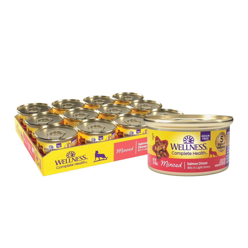 Wellness Saumon Mince Chat Adulte, boîte 3oz, riche en protéines.