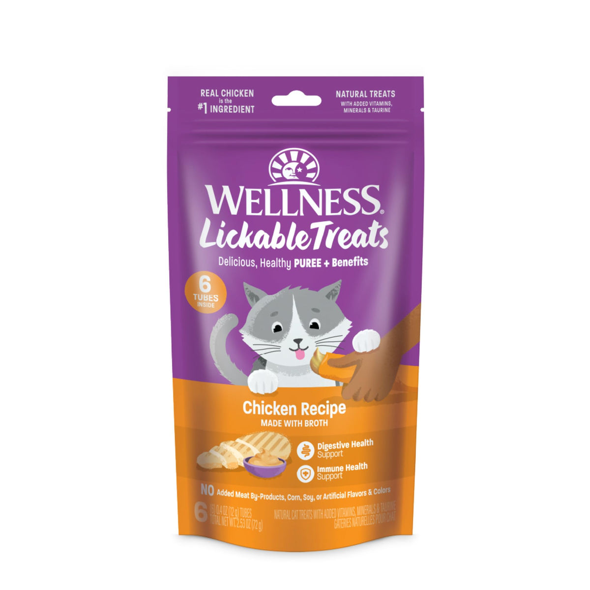 Wellness en tube poulet ouvert, pratique pour interaction avec le chat.