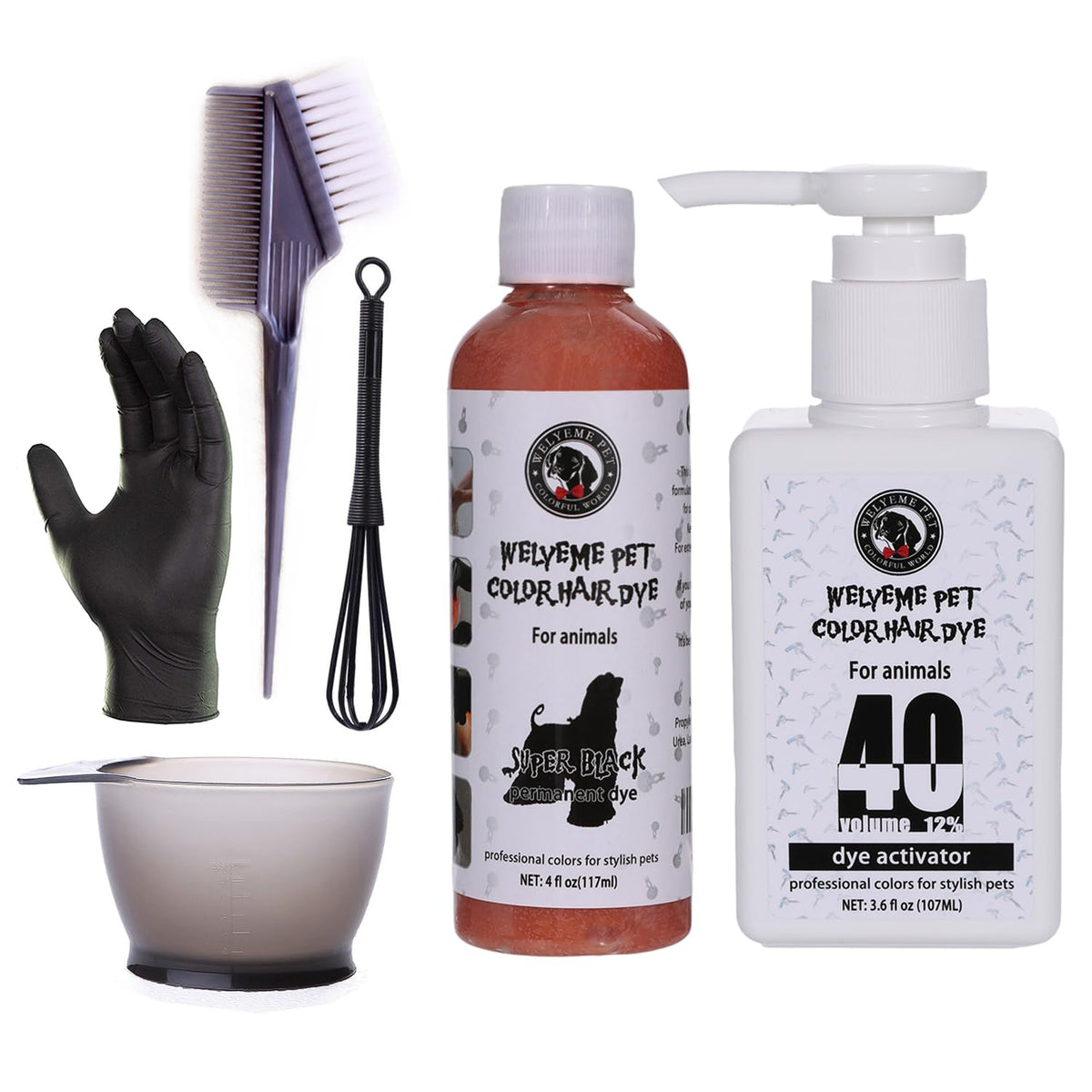 WELYEME kit-teinture-poil-chien-super-noir: tout le nécessaire pour colorer durablement le pelage.