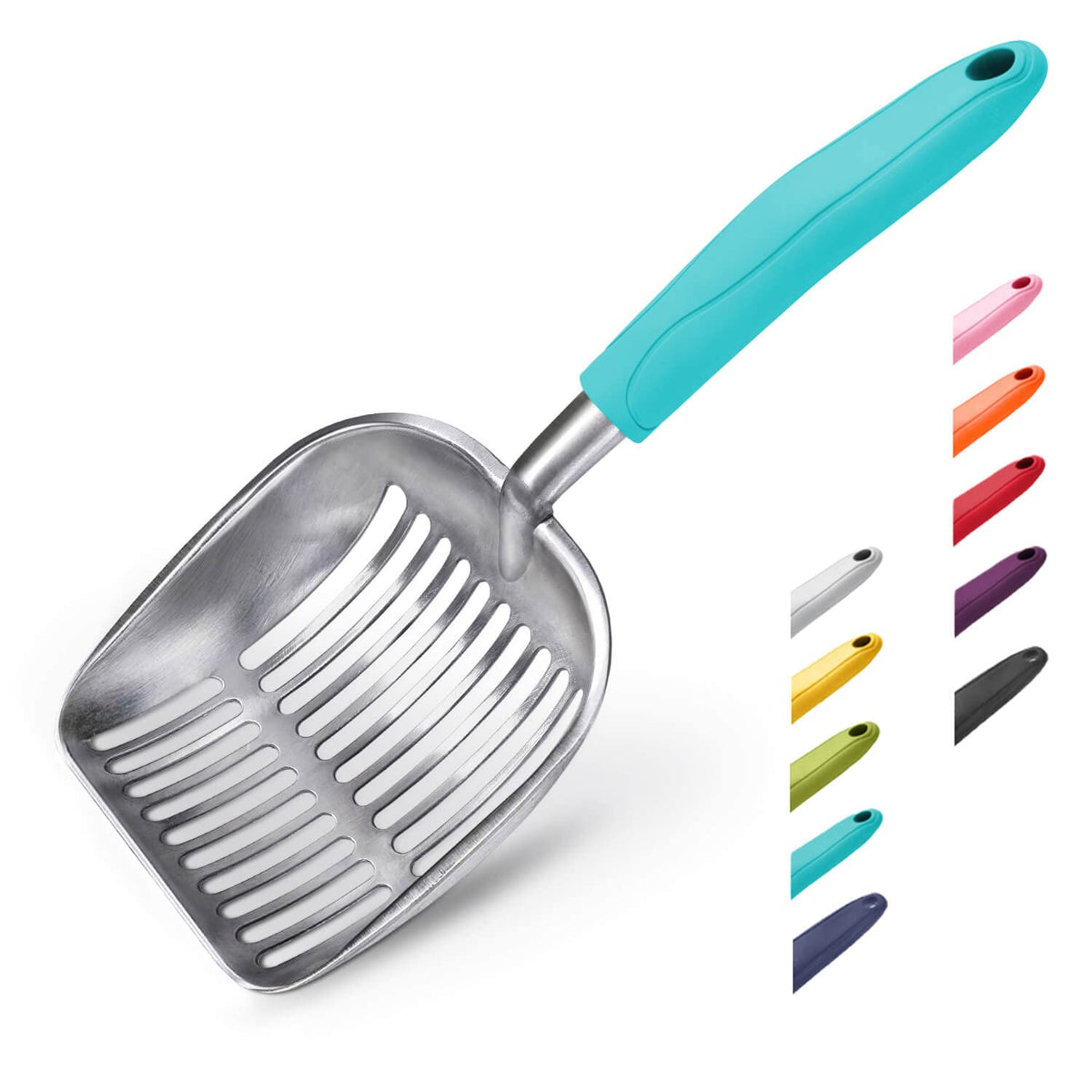 WePet pelle-litière : corps aluminium bleu, robuste et durable pour usage quotidien.