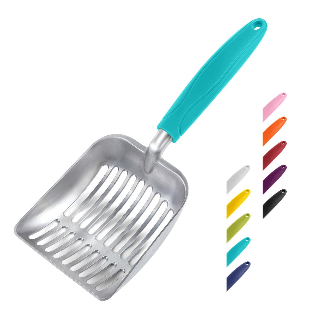 WePet pelle-litiere-aluminium-turquoise, corps robuste et maniable pour un nettoyage rapide.