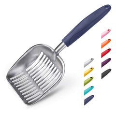 Pelle WePet en aluminium avec poignée bleue, réduction des éclaboussures lors du ramassage.