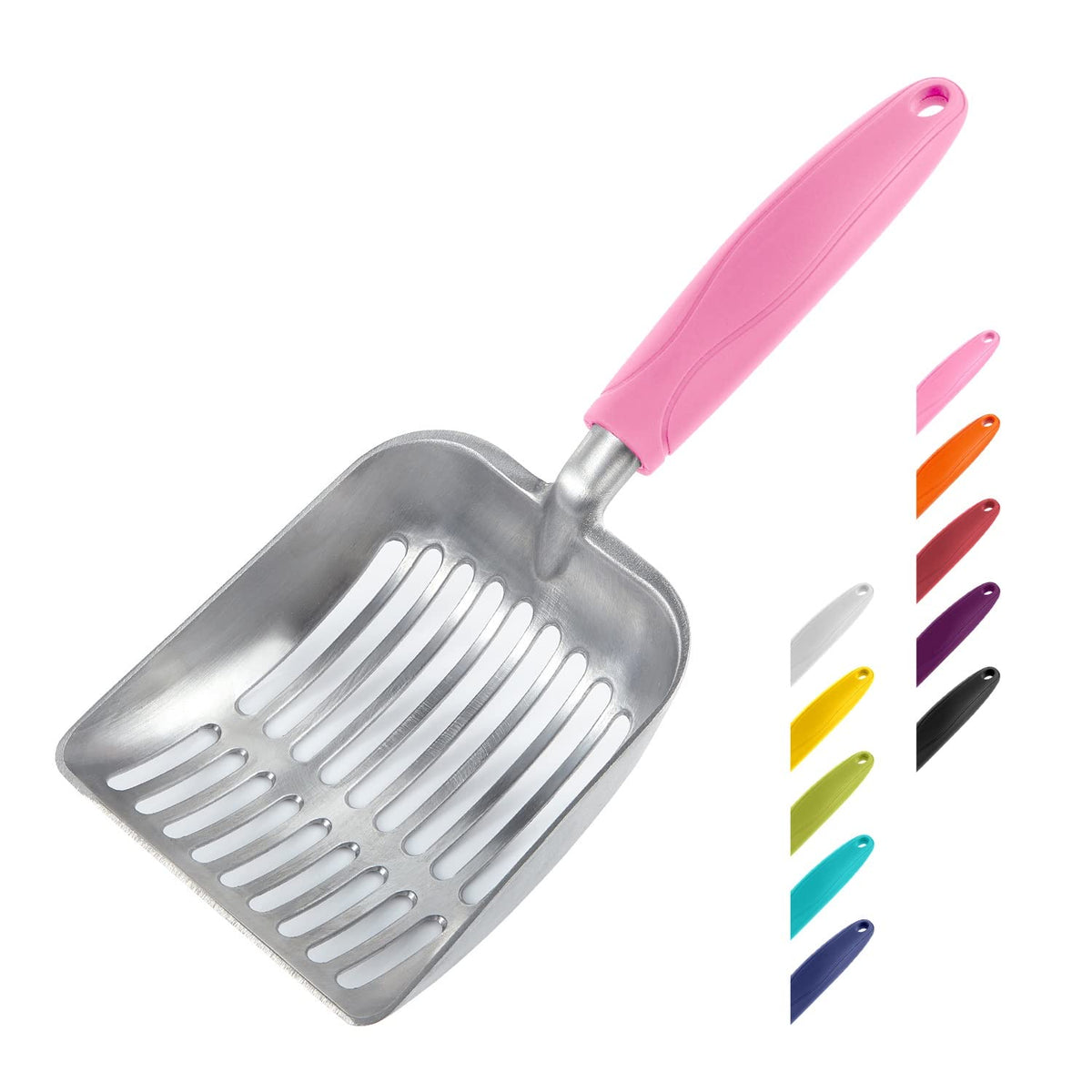 WePet ramasse-litière en aluminium avec poignée rose, pratique et rapide pour nettoyer la litière.