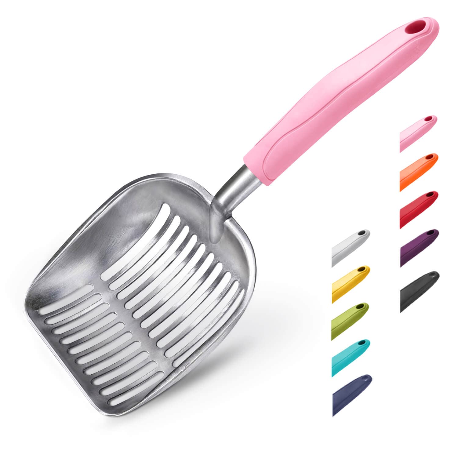 WePet pelle à litière en aluminium plat avec poignée rose, pratique et confortable.