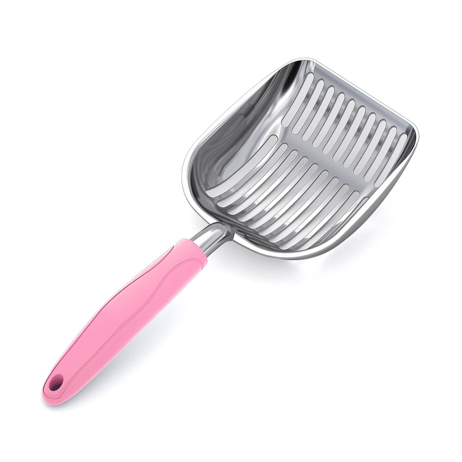 WePet scoop litière en aluminium avec poignée rose, nettoyage facilité.
