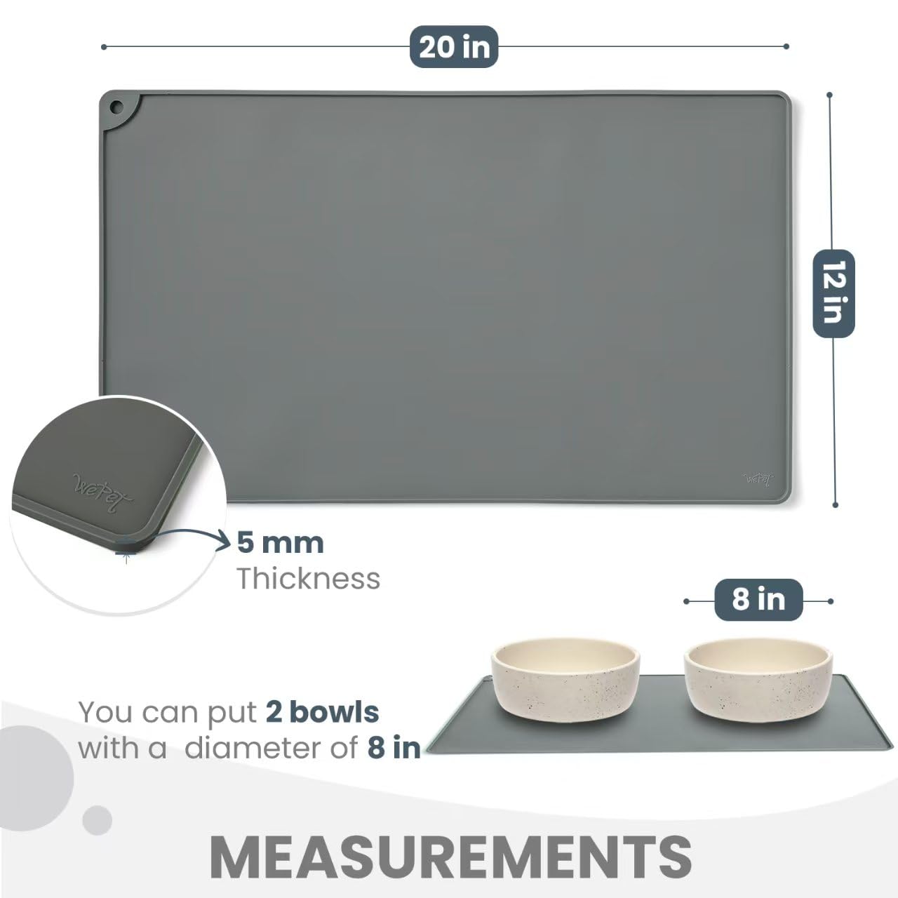 Bord relevé du tapis WePet maintient les aliments sur le tapis et évite les dégâts.