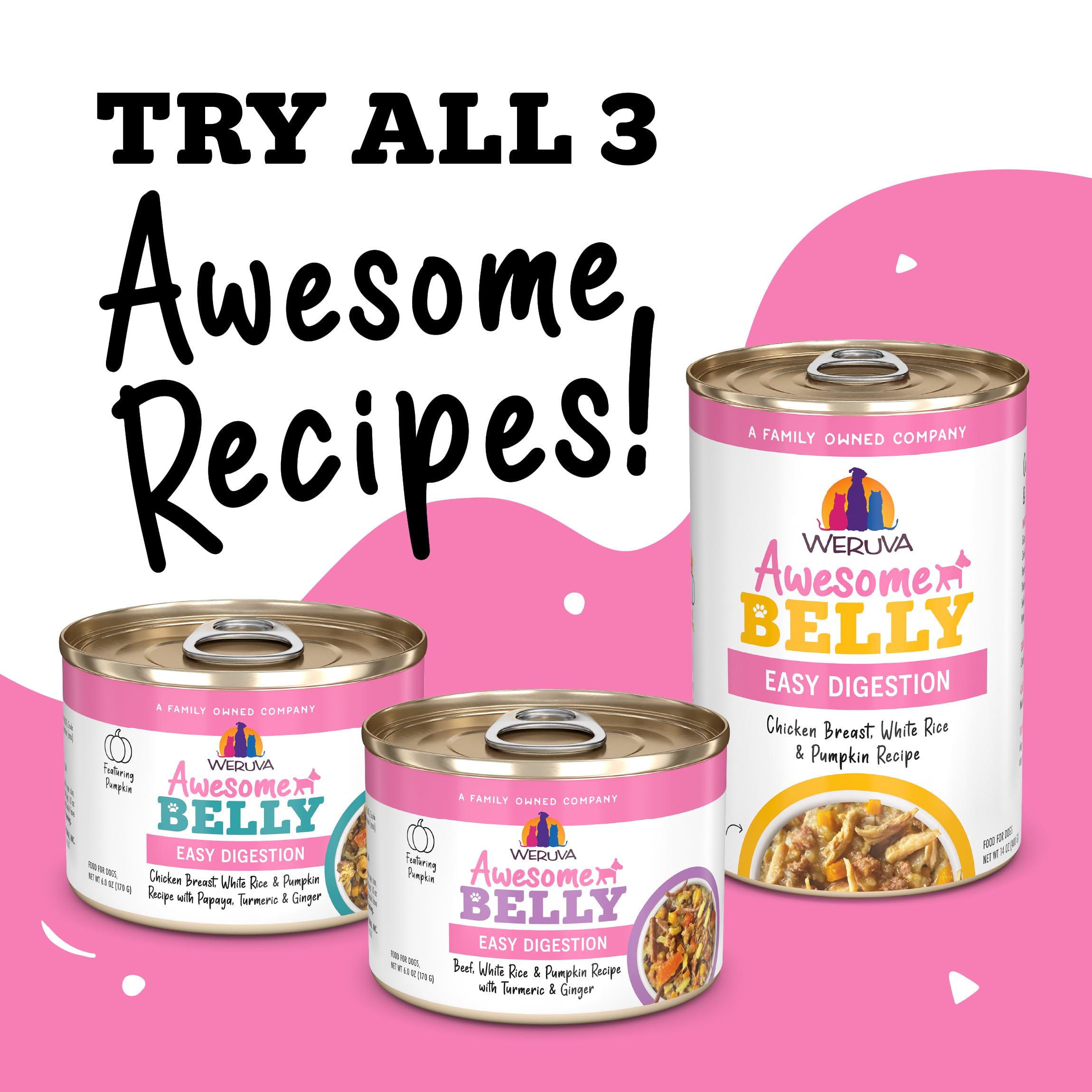 Weruva Awesome Belly, poulet-riz-blanc-potiron, digestion adaptée pour ventres sensibles.