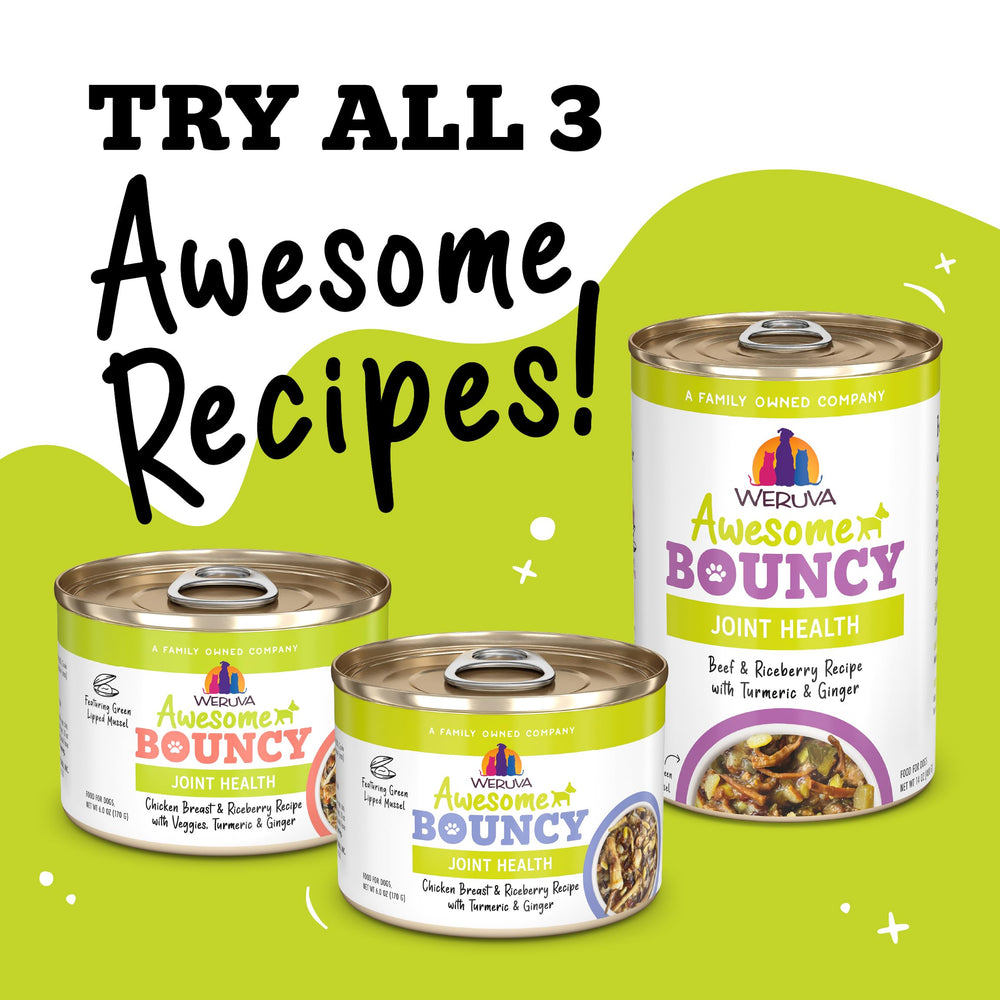 Weruva Awesome Bouncy, citrouille et inuline, digestion potentiellement facile.