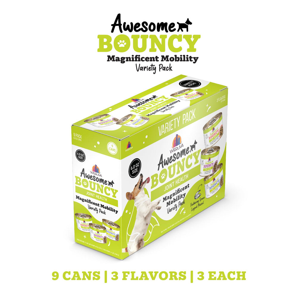 Weruva Awesome Bouncy Magnificent Mobility, ingrédients naturels, texture savoureuse pour alimentation équilibrée.