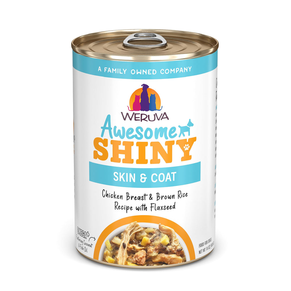 Weruva Awesome Shiny, boîte poulet et riz brun pour peau et pelage sains.