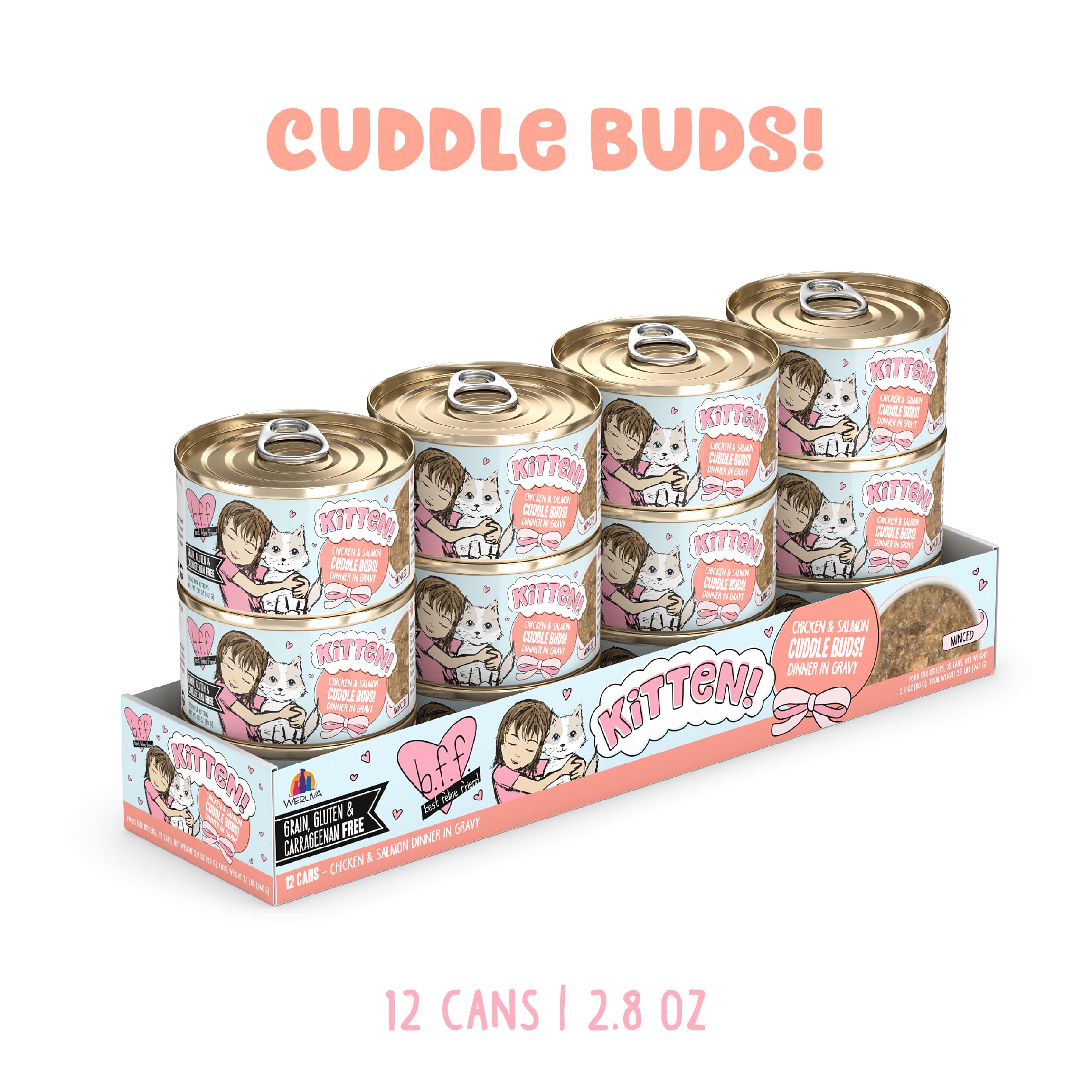 Weruva B.F.F. chaton Cuddle Buds, emballage visible, sans céréales et sans carraghénane.
