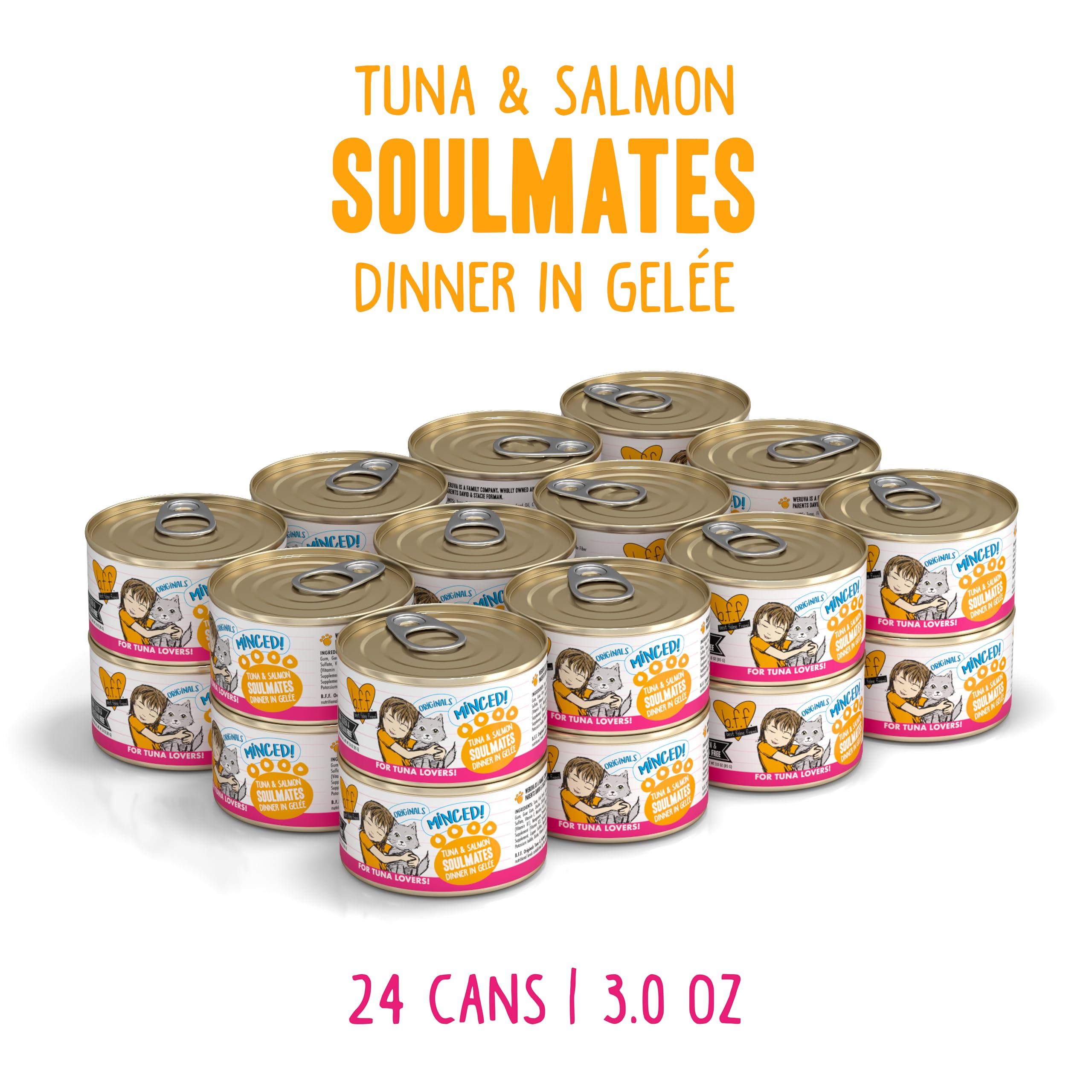 Weruva BFF Minces Thon Saumon Gelee – texture gelee hydratante pour chats actifs.