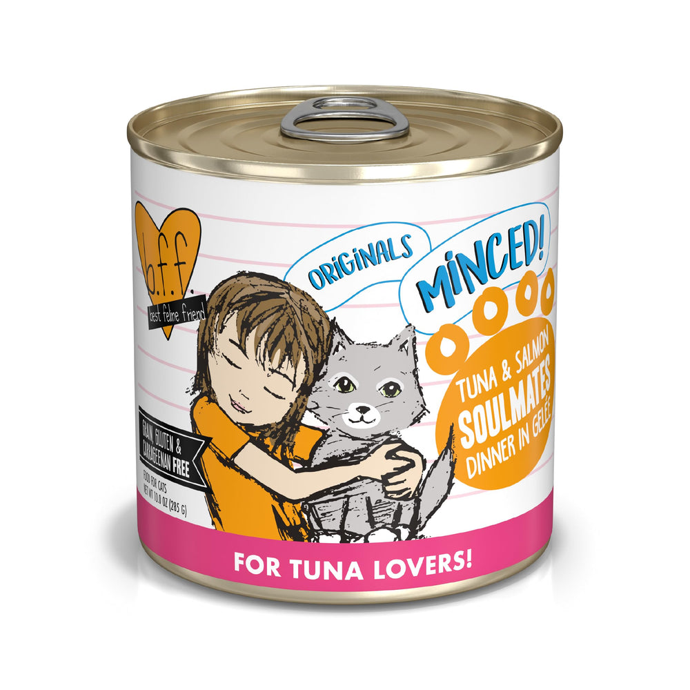Weruva BFF Mince, thon et saumon en gelée, boîte 10 oz prête au service pour chat.