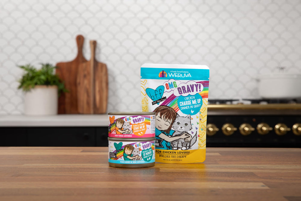 Repas humide varié avec Weruva B.F.F. OMG pour chat.