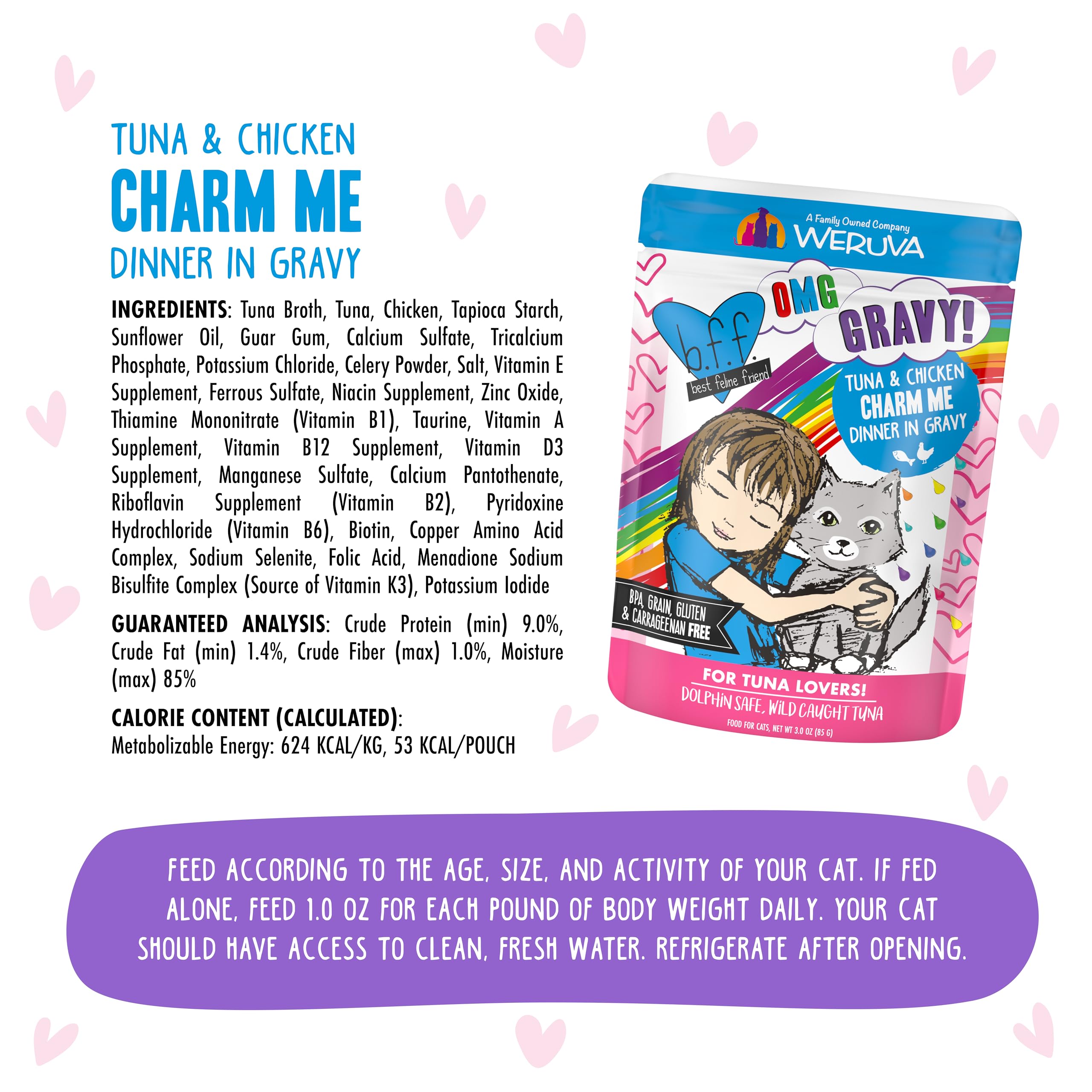 Weruva B.F.F. OMG thon-poulet-dans-sauce sans céréales, parfait pour chats sensibles.