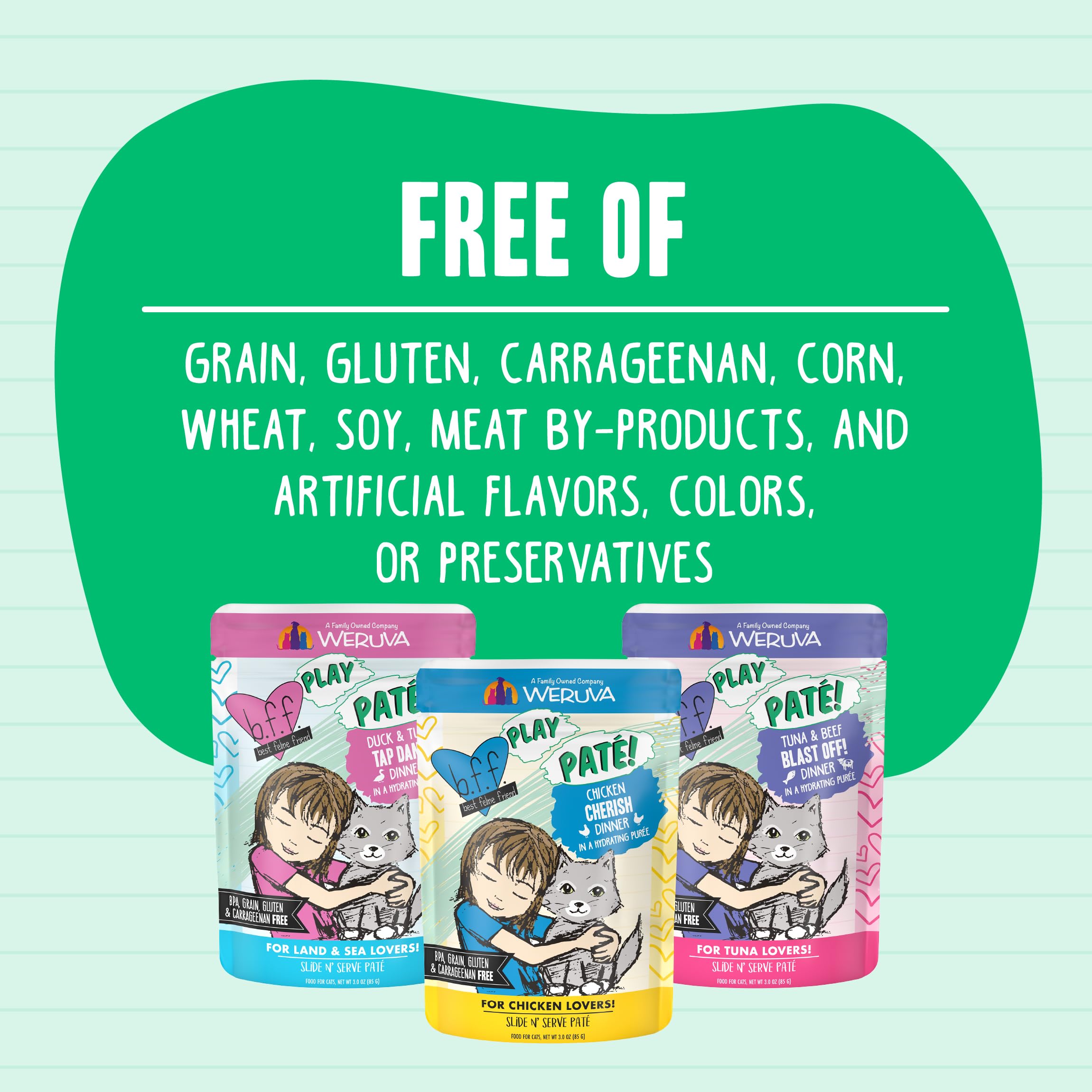 Sans carraghénane et colorants chez Weruva BFF Play, simplicité des ingrédients.
