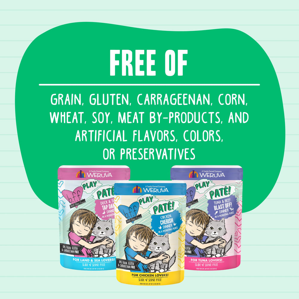 Sans carraghénane et colorants chez Weruva BFF Play, simplicité des ingrédients.